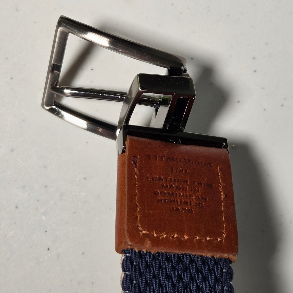 Tommy Bahama Mens Reversible Braided Belt Tan Navy Blue Leather Trim L/XL - Picture 10 of 12